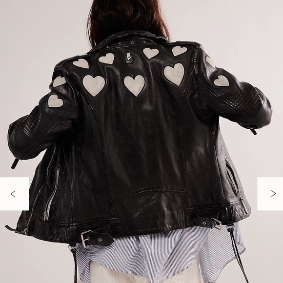 Free People Jackets & Blazers - Free People Black Leather Jacket with White Heart Appliqués